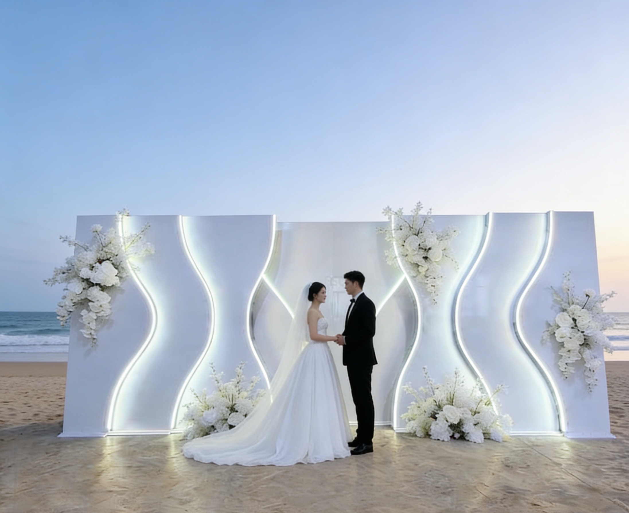 Pvc Panel Background - FSDKX 新型イベント用ステージ、PVC製の3Dホワイトウェディングアーチ背景パネル。LEDライト付きの背景スタンドで、結婚式などのイベントに最適。